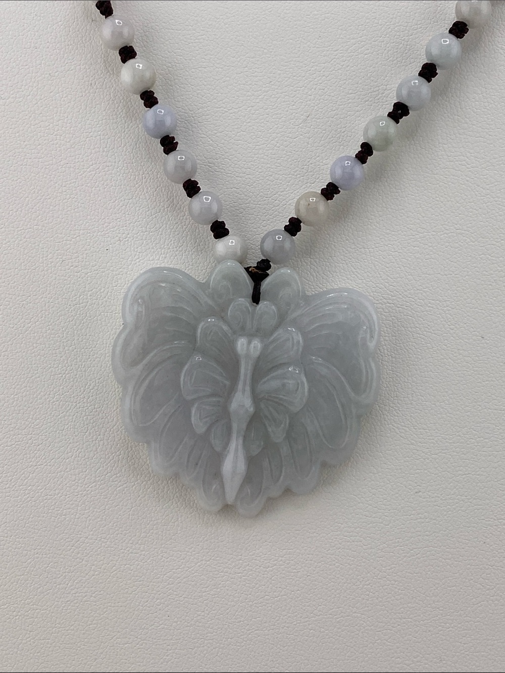 Carved Lavender Jade Butterfly Pendant Beaded Necklace